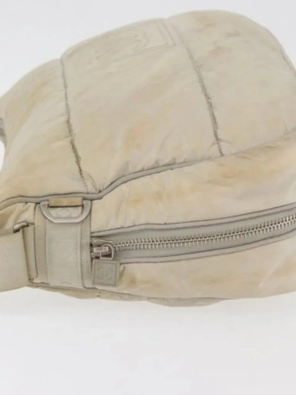CHANEL Shoulder Bag Nylon Beige Silver CC Auth mr2413